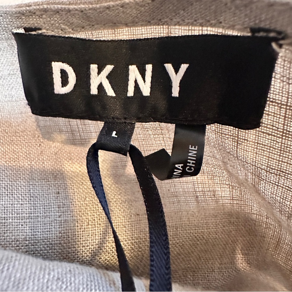 New DKNY 100% Linen Tee Kaftan Shirt Dress Lined Pockets Beige‎ Tan Sz Large - Picture 9 of 15